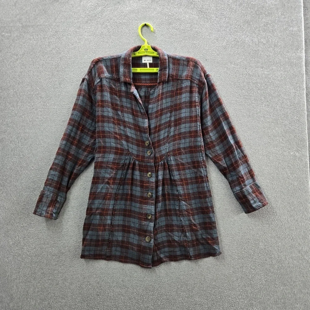 Free People Women Button‎ Up M Blue Wool Blend Plaid Flannel All About The Feel